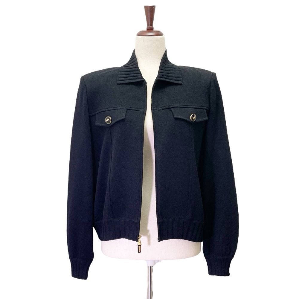 St John Collection Black Santana Knit Zip Jacket Gold Buttons Size Small USA - Picture 3 of 15